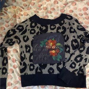 GAP Black and Gray Leopard Sweater with floral patch added.